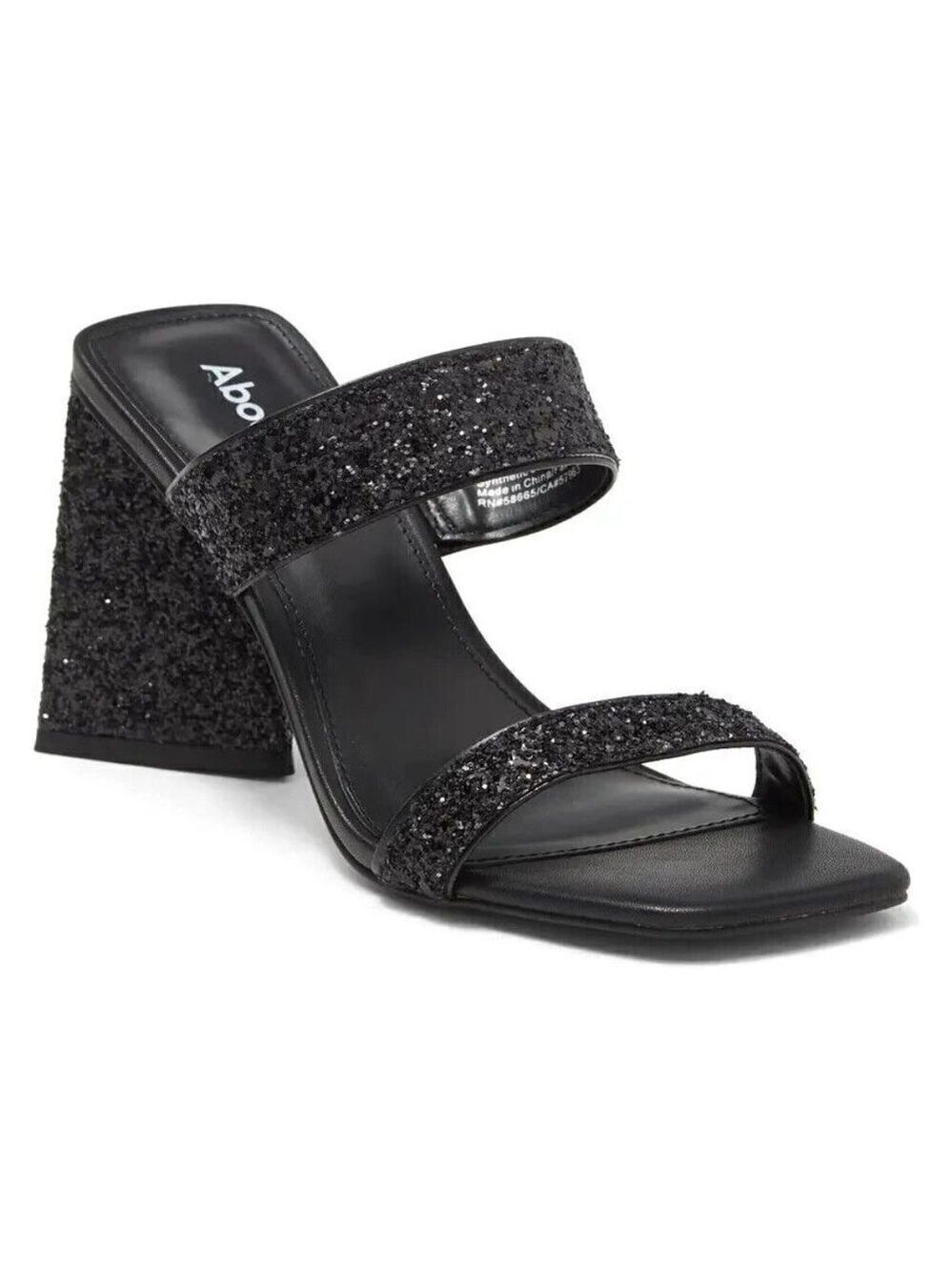 Abound "Carina" block triangle heel sandals black glitter slides